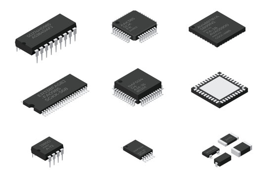 Set of microchip computer electronic components. Microchip icon. Computer processor technology. Micro processor. Collection of microchips