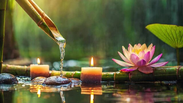 蓮の花と竹から流れる水とゆらぐキャンドル、癒しのキャンドル、ループ動画