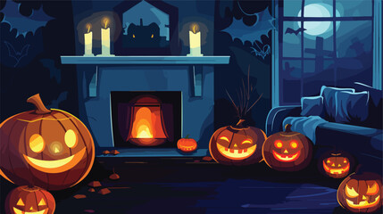 Interior of dark living room with Halloween pumpkins