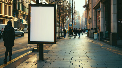 An empty advertisement panel mounted on a busy urban thoroughfare, offering advertisers a prime location to promote their products and services to a diverse demographic  - obrazy, fototapety, plakaty