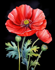 Watercolor illustration of red poppy. Wild flower. Beautiful nature. Hand drawn art painting.
