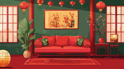 Interior of festive living room decorated for Chinese