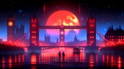 A beautiful digital painting of a city at night. The sky is dark and there is a large red moon. The city is lit up by red lights and there is a river running through the middle. There is a bridge in t