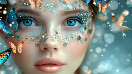 A beautiful girl with blue eyes and butterflies on her face