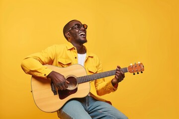 Man holds acoustic guitar and sings musician glasses yellow. - obrazy, fototapety, plakaty