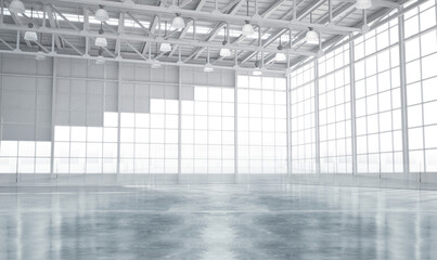 Industrial building interior consist of polished concrete floor and closed door for product display or industry background.