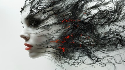 A beautiful woman with long black hair and red lips. Her face is covered in a black veil.