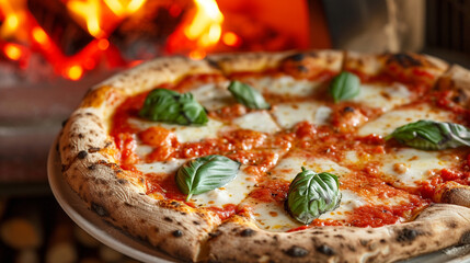 A plate of pizza margherita with cheese, tomato sauce, and basil leaves, baked in a wood-fired...