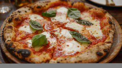 A plate of pizza margherita with cheese, tomato sauce, and basil leaves, baked in a wood-fired...