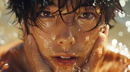 A close up of a young male face with water on his face