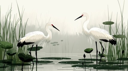 Fototapeta premium Two elegant white cranes standing in a misty marsh, surrounded byLu Wei He He Hua .