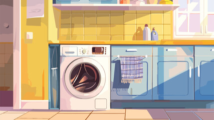 Interior of kitchen with modern washing machine vector