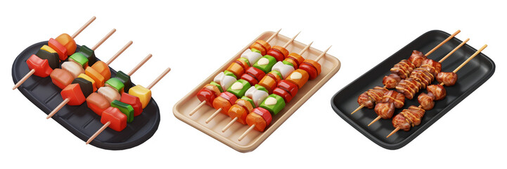 PNG serving of yakitori 3d icons and objects collection, in cartoon style minimal on transparent, white background, isolate