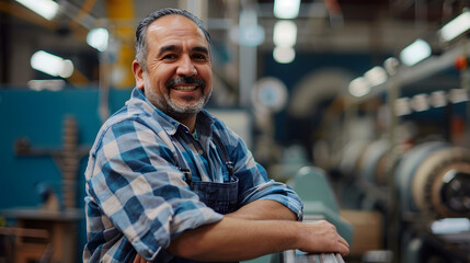 Fototapeta premium Happy Hispanic male engineer leaning on a machine with arms folded and chuckling while staring at the camera in a factory during a routine check. 