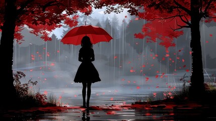 A girl with a red umbrella is standing in a forest. It is raining and the leaves are falling.