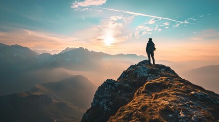 A person stands at the edge of a mountain peak, gazing out towards a dramatic skyline filled with golden sunlight diffusing through wispy clouds. The surrounding mountains are bathed in a soft glow, a