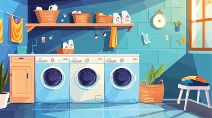 Interior of laundry room with washing machines and di - obrazy, fototapety, plakaty
