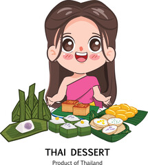 Thai woman in Thai traditional dress with Thai dessert or Kanom thai. Kanom tako Kanom Mokeang Kanom Krok Kanom Saisai and Med Kanoon. Logo Thai dessert vector design.