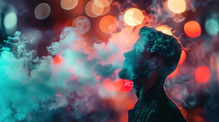 The image shows the profile of a person exhaling a cloud of smoke, illuminated by colorful lights in the background, creating a bokeh effect. The person appears to be in the middle of a breath out, ca