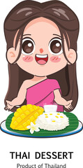 Thai woman in Thai traditional dress with Mango and Sticky rice or Thai dessert.