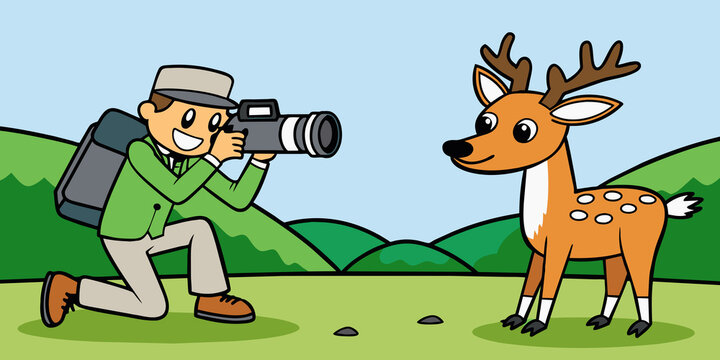 Photographers taking photos of wildlife, men with cameras, and deer in nature
