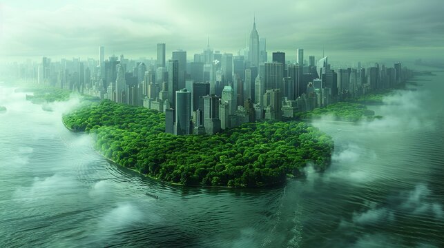 A photo of New York City surrounded by trees and water.