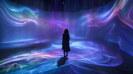 In an immersive exhibition space. digital projections of flowing light and glowing particles form intricate patterns on the ground in shades of blue purple pink and green - obrazy, fototapety, plakaty