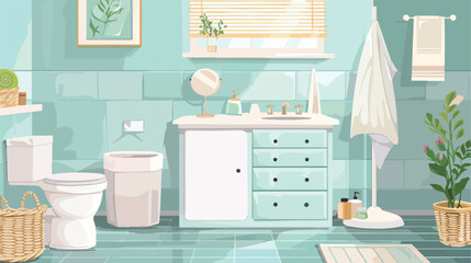 Interior of light bathroom with drawers toilet bowl 