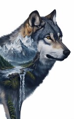 An intricate and surreal art piece featuring a majestic wolf standing proudly on a awe-inspiring mountainous landscape. The wolf is masterfully painted with every hair and shade meticulously detailed