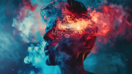 The image depicts a side profile of a person immersed in a colorful cloud of red and blue smoke. The person appears to be a young adult with visible facial features such as an eye, nose, and mouth. Th