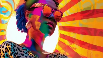 A stylish woman in sunglasses strikes a confident pose against a backdrop of radiant abstract patterns, embodying bold fashion and vibrant energy