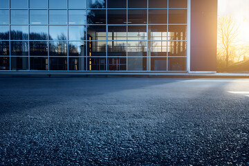 Clean asphalt in front of vibrant glass windows at sunset