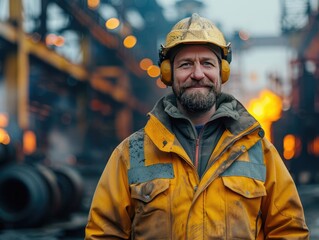Obraz premium Workers wearing safety helmets in the steel plant workshop
