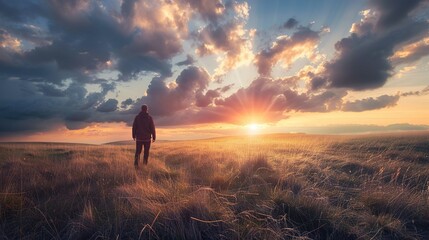 The image features a person standing in a vast field with tall golden grasses, looking towards a dramatic sunset. The sun is low on the horizon, casting a warm glow and long shadows across the landsca - Powered by Adobe