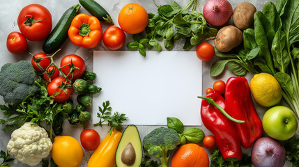 Composition with organic fresh vegetables, fruits and blank card on white background, top view. Space for text.