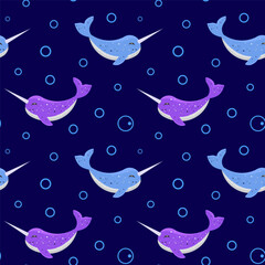 Adorable narwhal with bubble seamless pattern.  Cute vector isolated on dark blue background.
