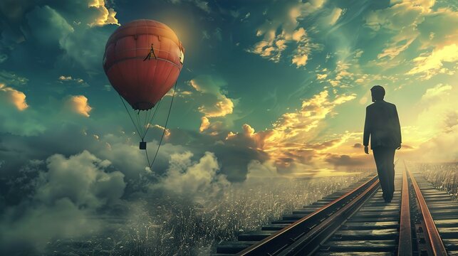 A well-dressed man in a suit is walking away from the viewer on a set of railroad tracks that stretch into the horizon. The rails are enveloped by fields of tall grasses on either side, illuminated by - Powered by Adobe