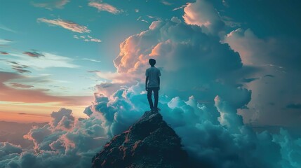 A person stands on the peak of a rugged mountain, gazing out over a vast cloudscape that blankets the sky. The clouds, dense and fluffy with well-defined edges, are illuminated by the warm glow of a s - obrazy, fototapety, plakaty