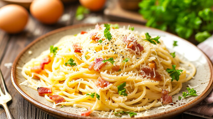 A plate of spaghetti carbonara with bacon, eggs, cheese, and black pepper, topped with grated cheese and parsley.