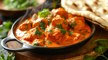 A plate of steaming hot butter chicken, garnished with fresh coriander leaves and served with naan...