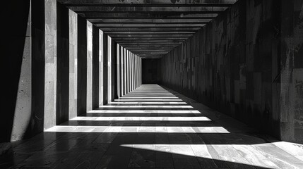 Fototapeta premium Black and white photo of a long hallway with columns and sunlight shining through the window.