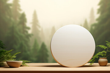 Wooden round podium on a wooden table in the forest. 3d render