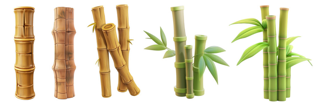 PNG bamboo pole 3d icons and objects collection, in cartoon style minimal on transparent, white background, isolate