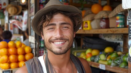 Happy man with hat in a market full of fruits and vegetables.