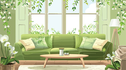 Interior of light living room with green sofa and blo