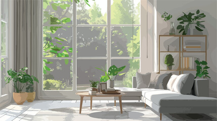 Interior of light living room with grey sofa coffee t