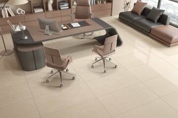 Luxury office interior desk with marble floor and walls, ceramic brown desk with armchairs, hanging chandelier, green plant, sofa set. 3D Rendering