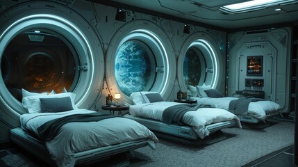 spaceship bedroom with 3 beds and big round windows