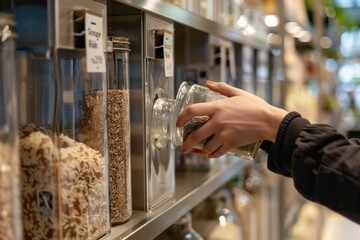 Person reaching into glass jar on shelf to pick up food