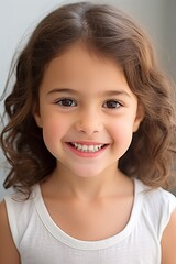Fototapeta premium Smiling Portrait of a Young Girl with Curly Hair in a White T-Shirt Showing Her White Teeth Through Her Smile
